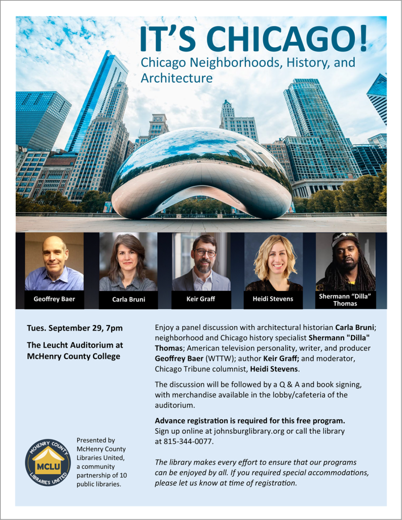 Chicago skyline behind image of "the bean" sculpture. Plus individual photos of Geoffrey Baer, Carla Bruni, Keir Graff, Heidi Stevens, and Shermann "Dilla" Thomas