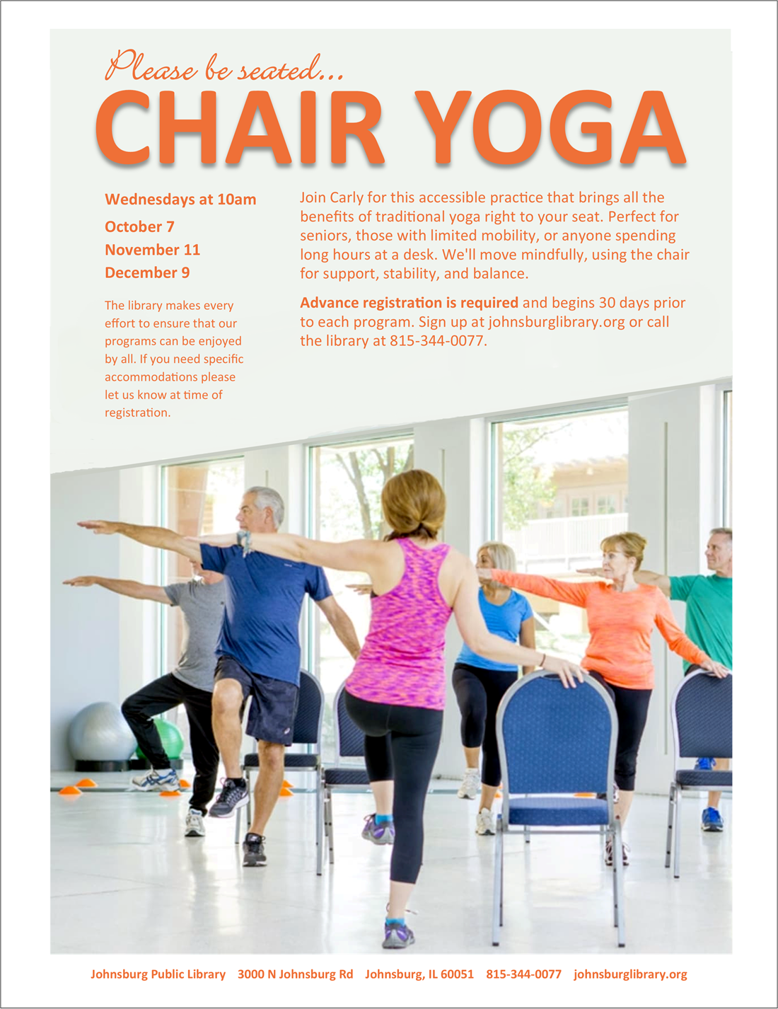 Group of five older adults being led through chair exercise by an instructor